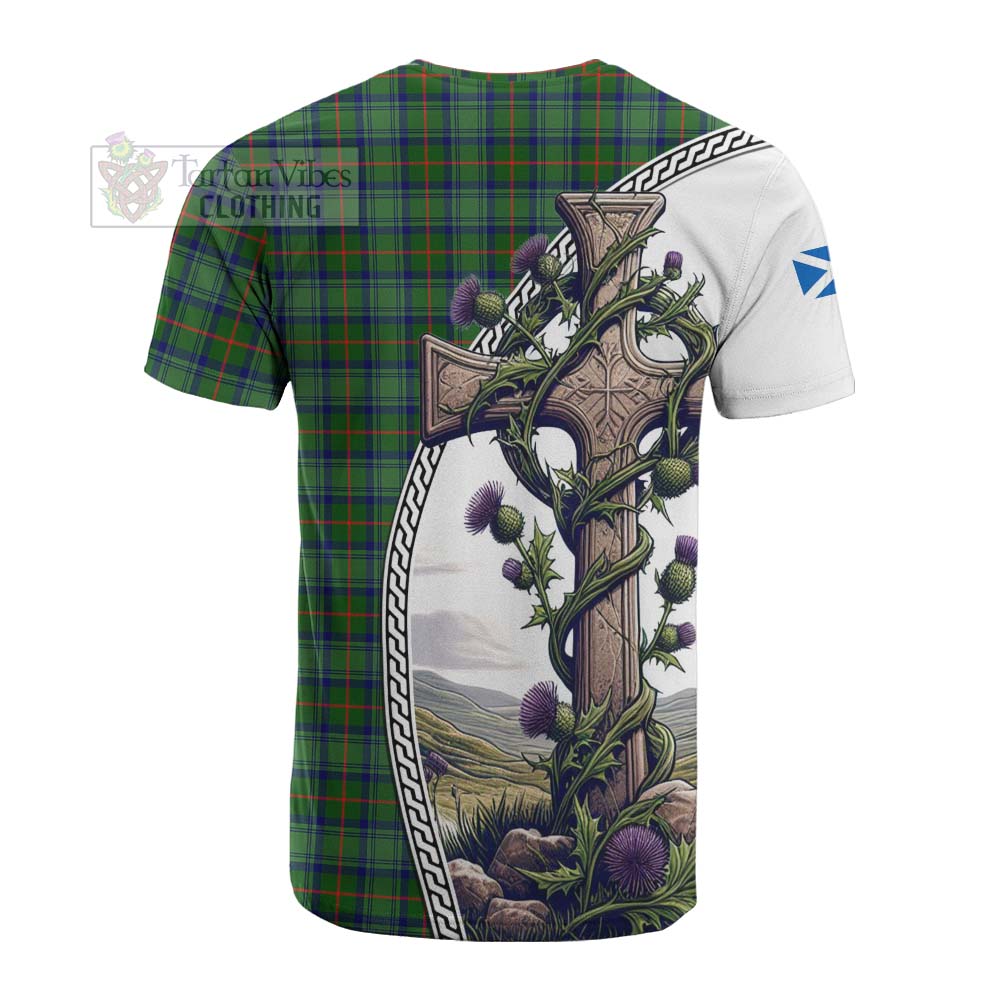 Tartan Vibes Clothing Cranstoun (Cranston) Tartan Cotton T-shirt with Family Crest and St. Andrew's Cross Accented by Thistle Vines