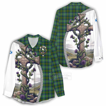 Cranstoun (Cranston) Tartan Women's Casual Shirt with Family Crest and St. Andrew's Cross Accented by Thistle Vines