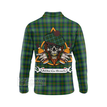 Cranstoun (Cranston) Tartan Long Sleeve Polo Shirt with Family Crest and Bearded Skull Holding Bottles of Whiskey