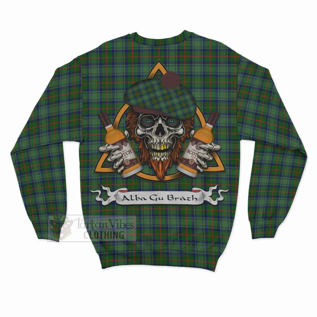 Tartan Vibes Clothing Cranstoun (Cranston) Tartan Sweatshirt with Family Crest and Bearded Skull Holding Bottles of Whiskey