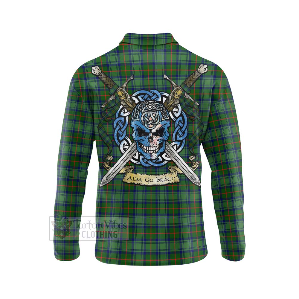 Tartan Vibes Clothing Cranstoun (Cranston) Tartan Long Sleeve Polo Shirt with Family Crest Celtic Skull Style