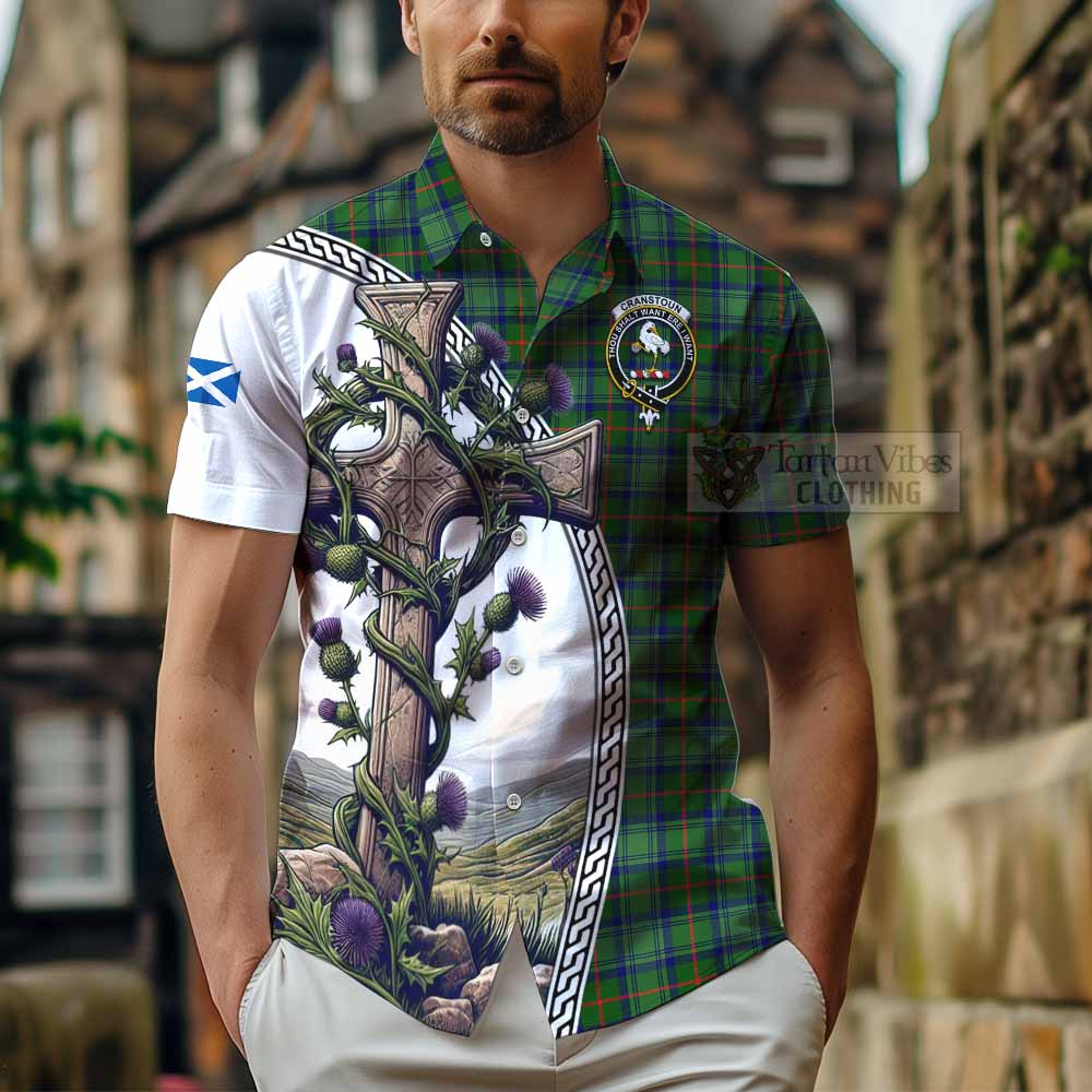 Tartan Vibes Clothing Cranstoun (Cranston) Tartan Short Sleeve Button Shirt with Family Crest and St. Andrew's Cross Accented by Thistle Vines