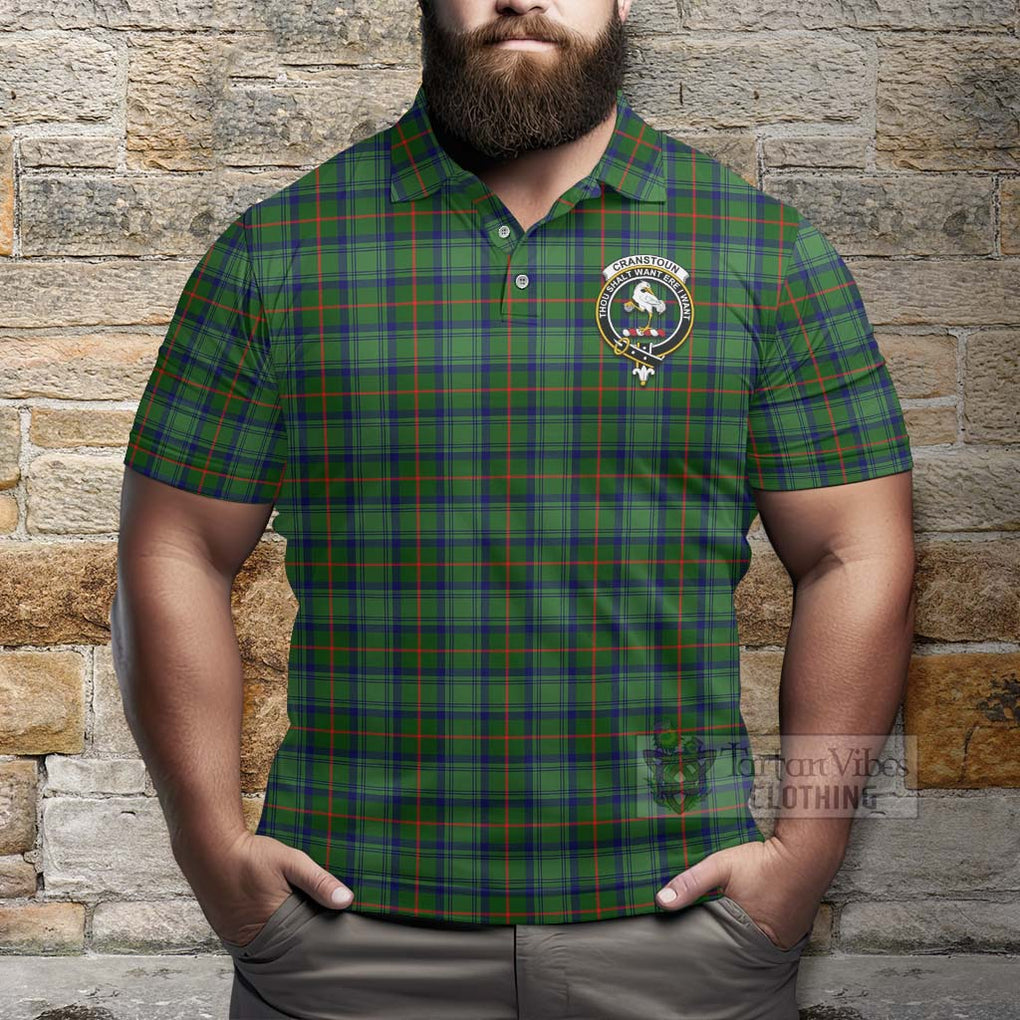 Tartan Vibes Clothing Cranstoun (Cranston) Tartan Polo Shirt with Family Crest and Bearded Skull Holding Bottles of Whiskey