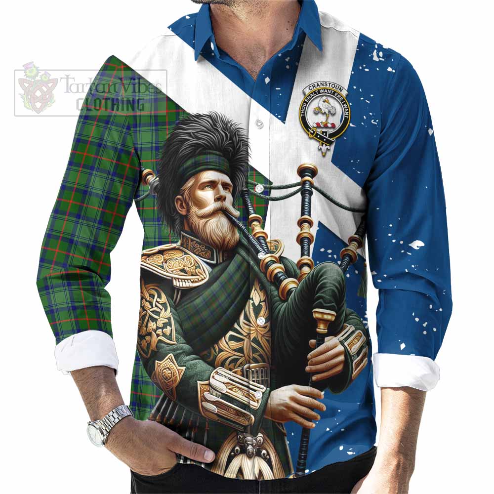 Tartan Vibes Clothing Cranstoun (Cranston) Tartan Long Sleeve Button Shirt with Family Crest Scottish Bagpiper Vibes