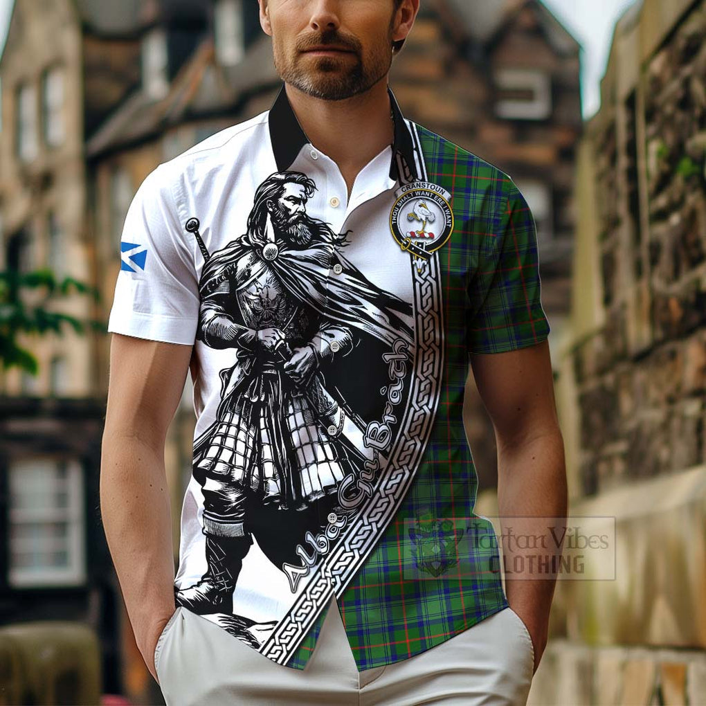 Tartan Vibes Clothing Cranstoun (Cranston) Tartan Clan Crest Short Sleeve Button Shirt with Highlander Warrior Celtic Style