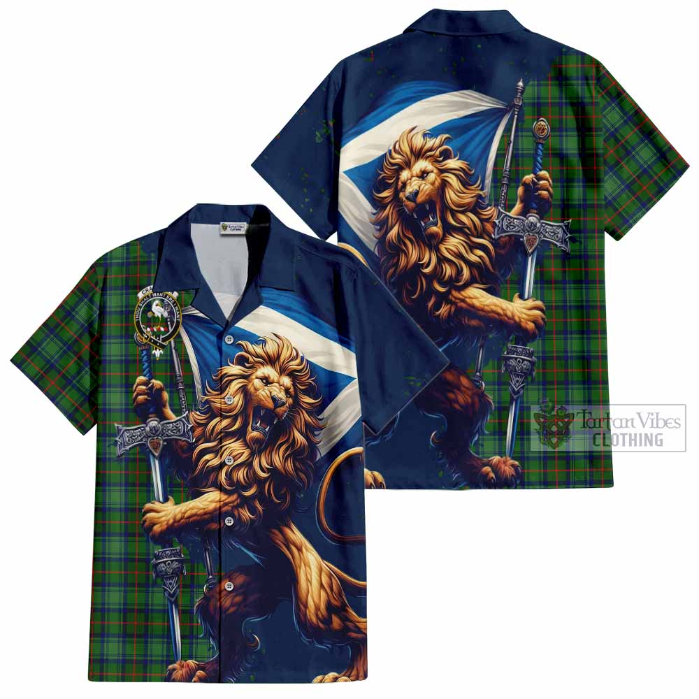 Tartan Vibes Clothing Cranstoun (Cranston) Tartan Family Crest Short Sleeve Button Shirt with Scottish Majestic Lion