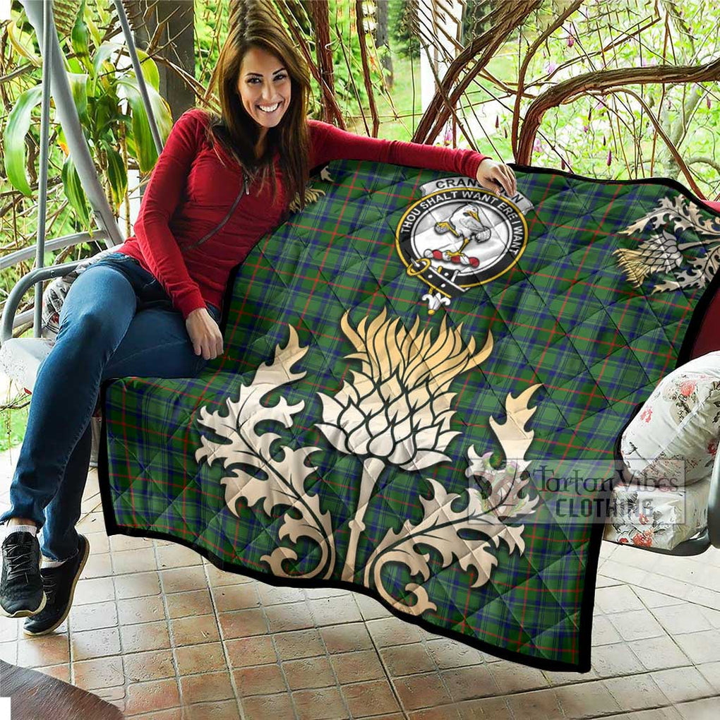 Tartan Vibes Clothing Cranstoun (Cranston) Tartan Quilt with Family Crest and Golden Thistle Style