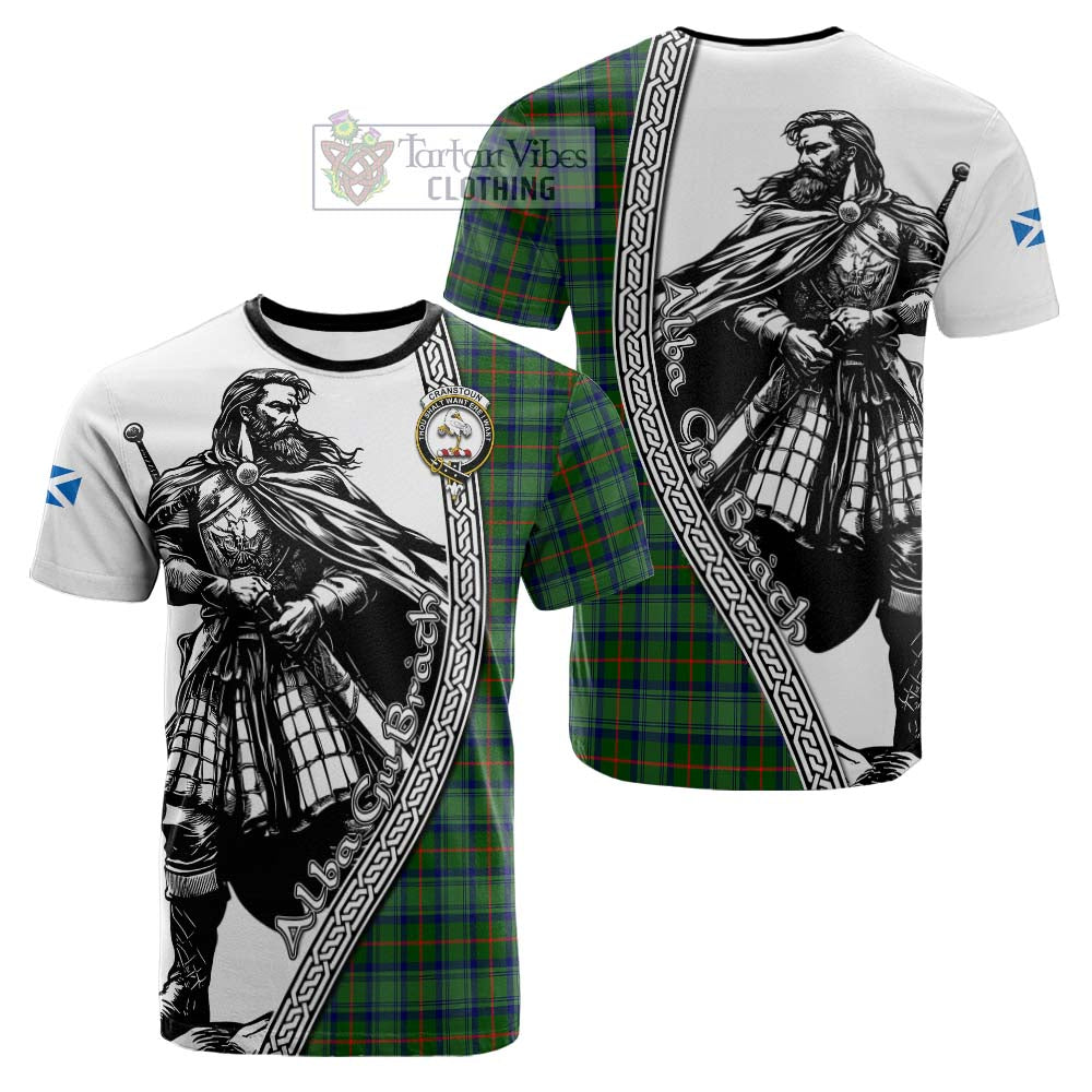 Cranstoun (Cranston) Tartan Clan Crest Cotton T-shirt with Highlander Warrior Celtic Style