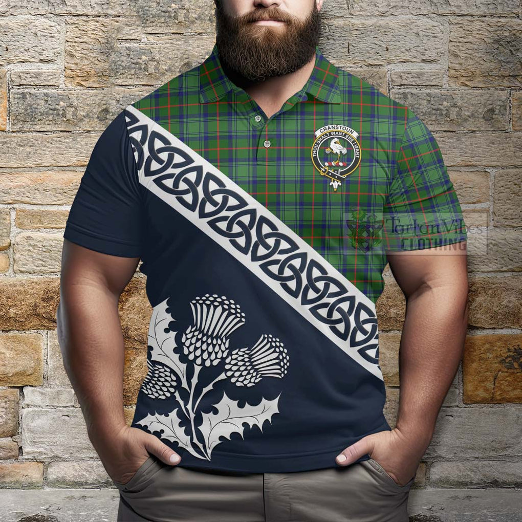 Cranstoun (Cranston) Tartan Polo Shirt Featuring Thistle and Scotland Map