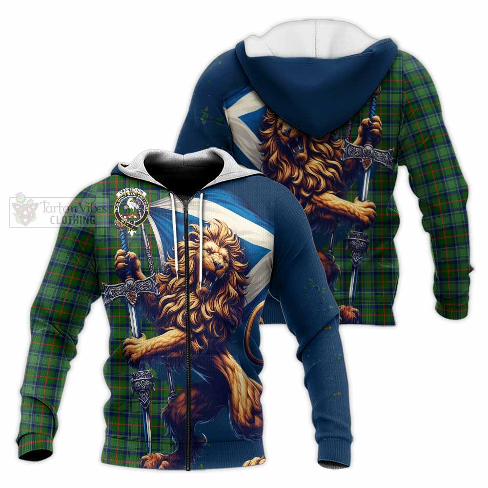 Tartan Vibes Clothing Cranstoun (Cranston) Tartan Family Crest Knitted Hoodie with Scottish Majestic Lion