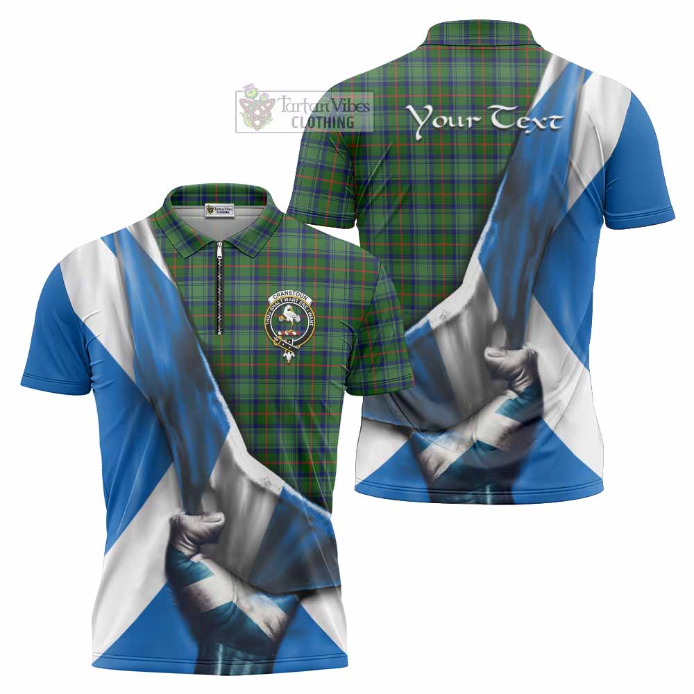 Tartan Vibes Clothing Cranstoun (Cranston) Tartan Zipper Polo Shirt with Family Crest Scotland Patriotic Style