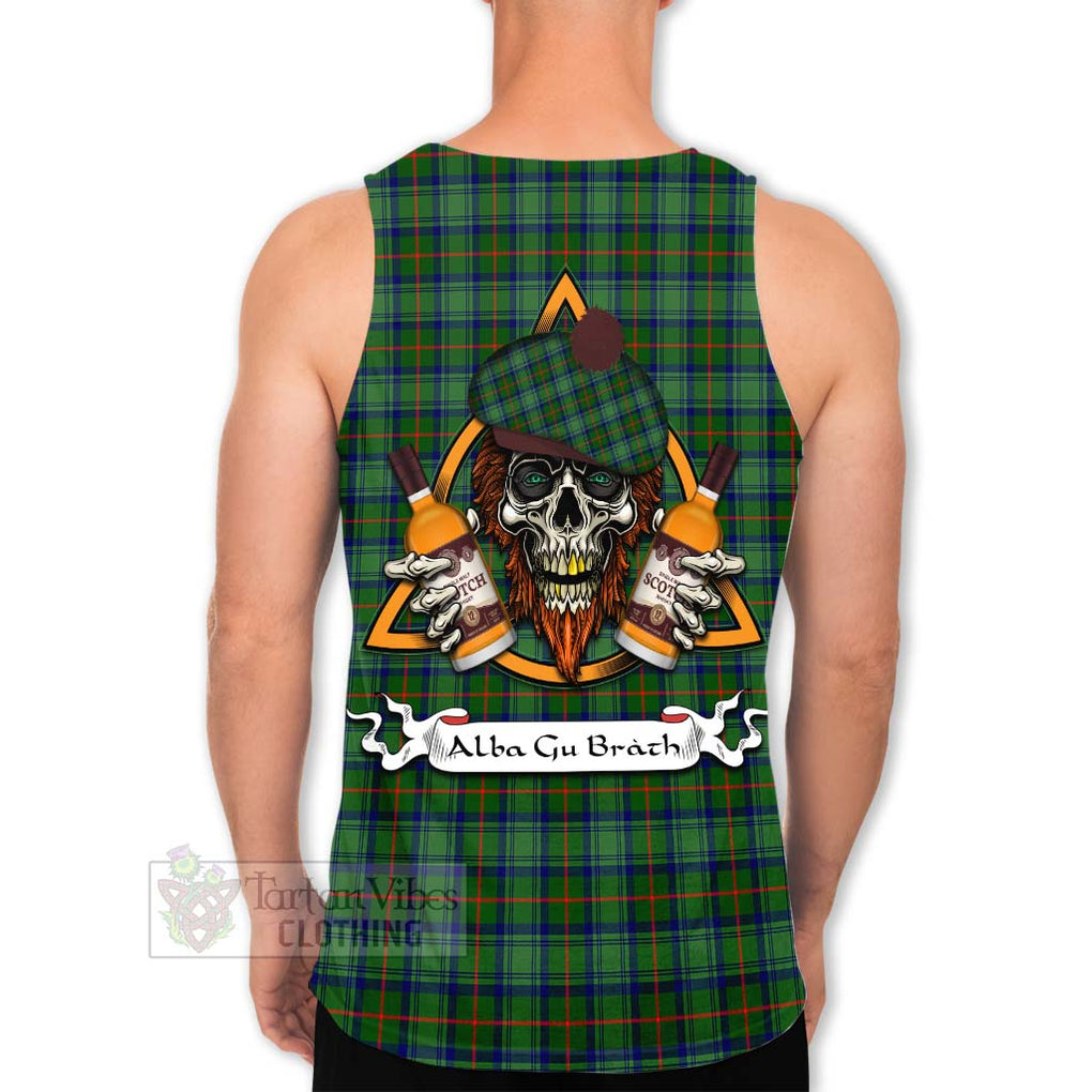 Tartan Vibes Clothing Cranstoun (Cranston) Tartan Men's Tank Top with Family Crest and Bearded Skull Holding Bottles of Whiskey