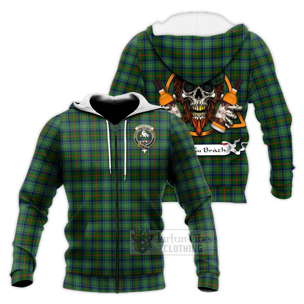 Tartan Vibes Clothing Cranstoun (Cranston) Tartan Knitted Hoodie with Family Crest and Bearded Skull Holding Bottles of Whiskey