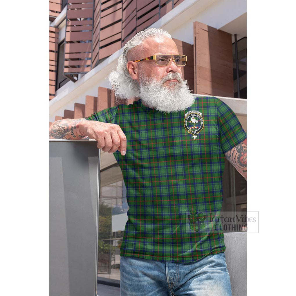 Tartan Vibes Clothing Cranstoun (Cranston) Tartan Cotton T-shirt with Family Crest and Bearded Skull Holding Bottles of Whiskey