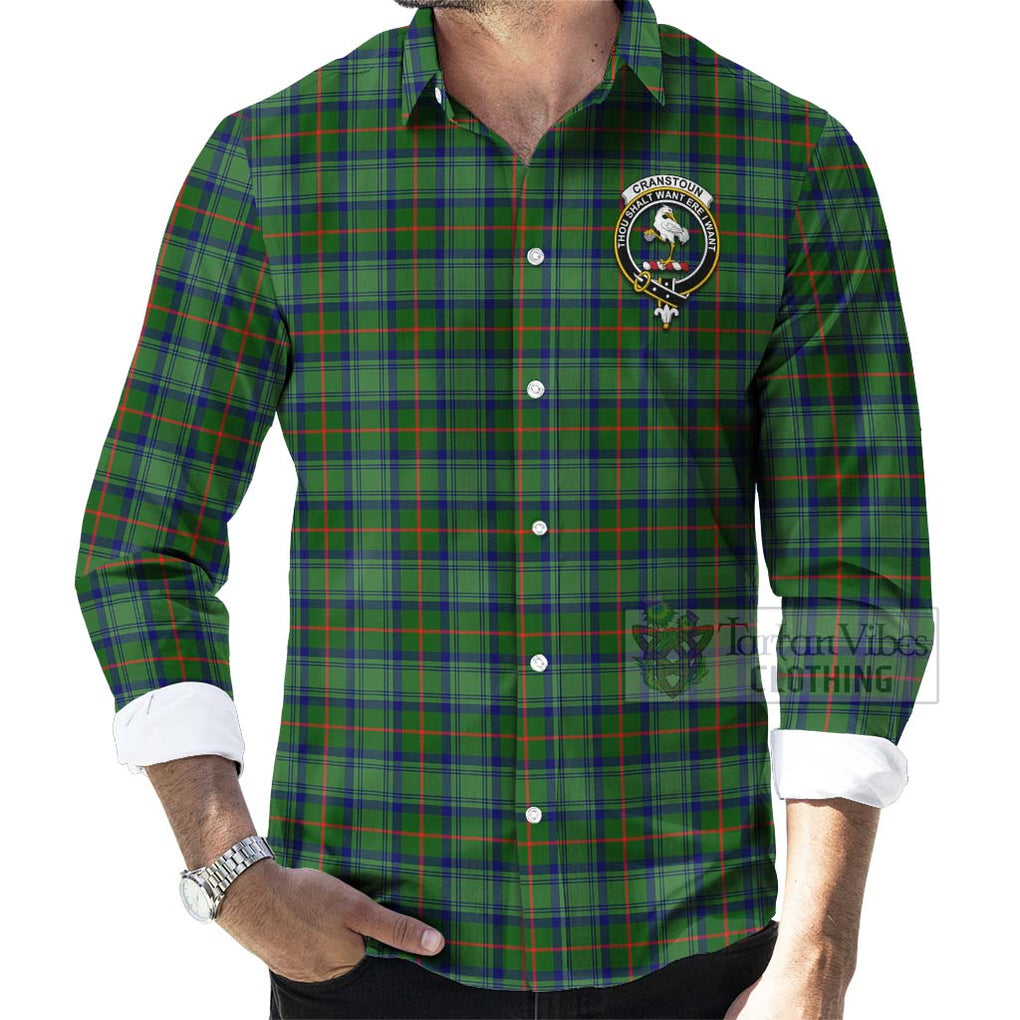 Tartan Vibes Clothing Cranstoun (Cranston) Tartan Long Sleeve Button Shirt with Family Crest and Bearded Skull Holding Bottles of Whiskey