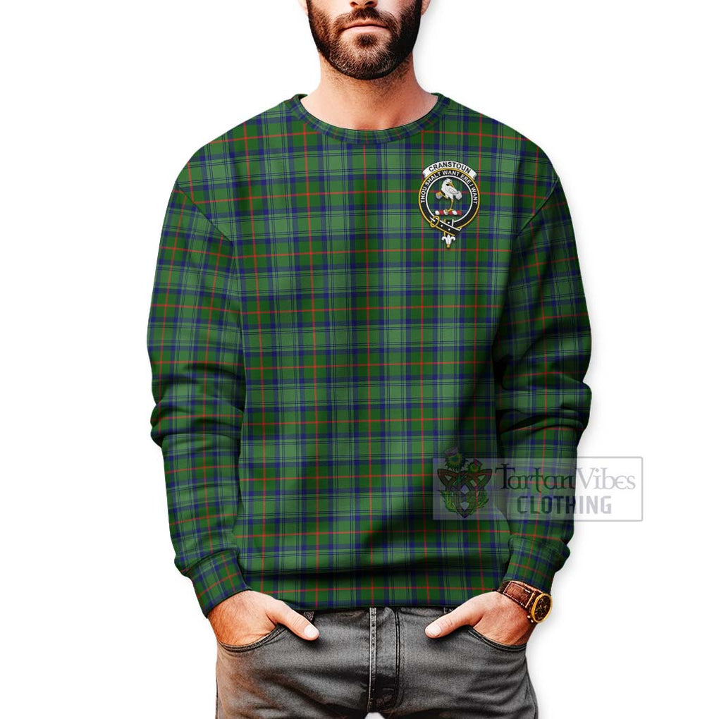 Tartan Vibes Clothing Cranstoun (Cranston) Tartan Sweatshirt with Family Crest and Bearded Skull Holding Bottles of Whiskey