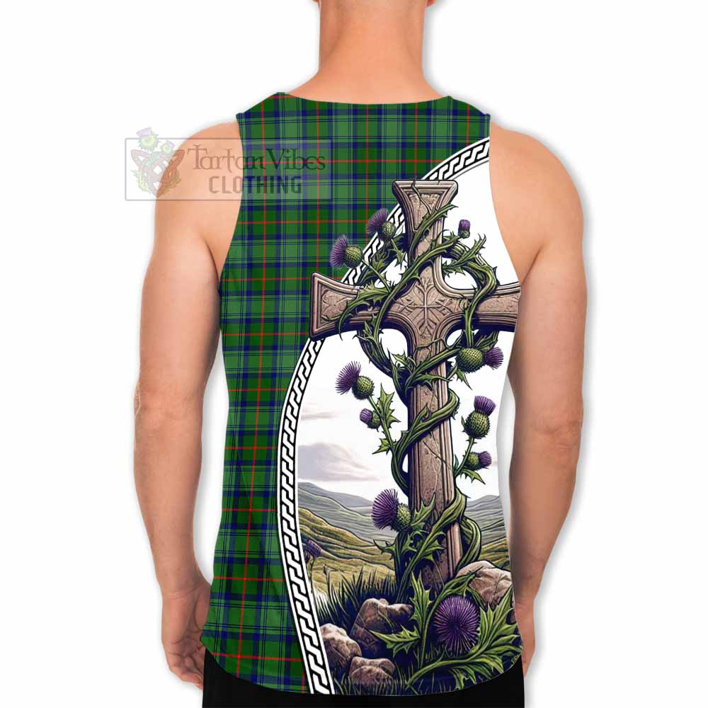 Tartan Vibes Clothing Cranstoun (Cranston) Tartan Men's Tank Top with Family Crest and St. Andrew's Cross Accented by Thistle Vines