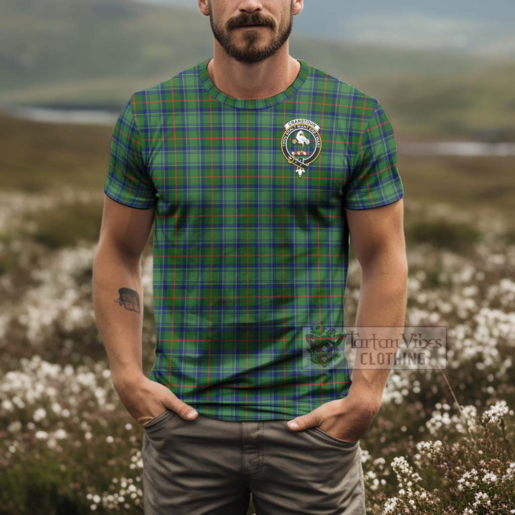 Tartan Vibes Clothing Cranstoun (Cranston) Tartan T-Shirt with Family Crest and Bearded Skull Holding Bottles of Whiskey