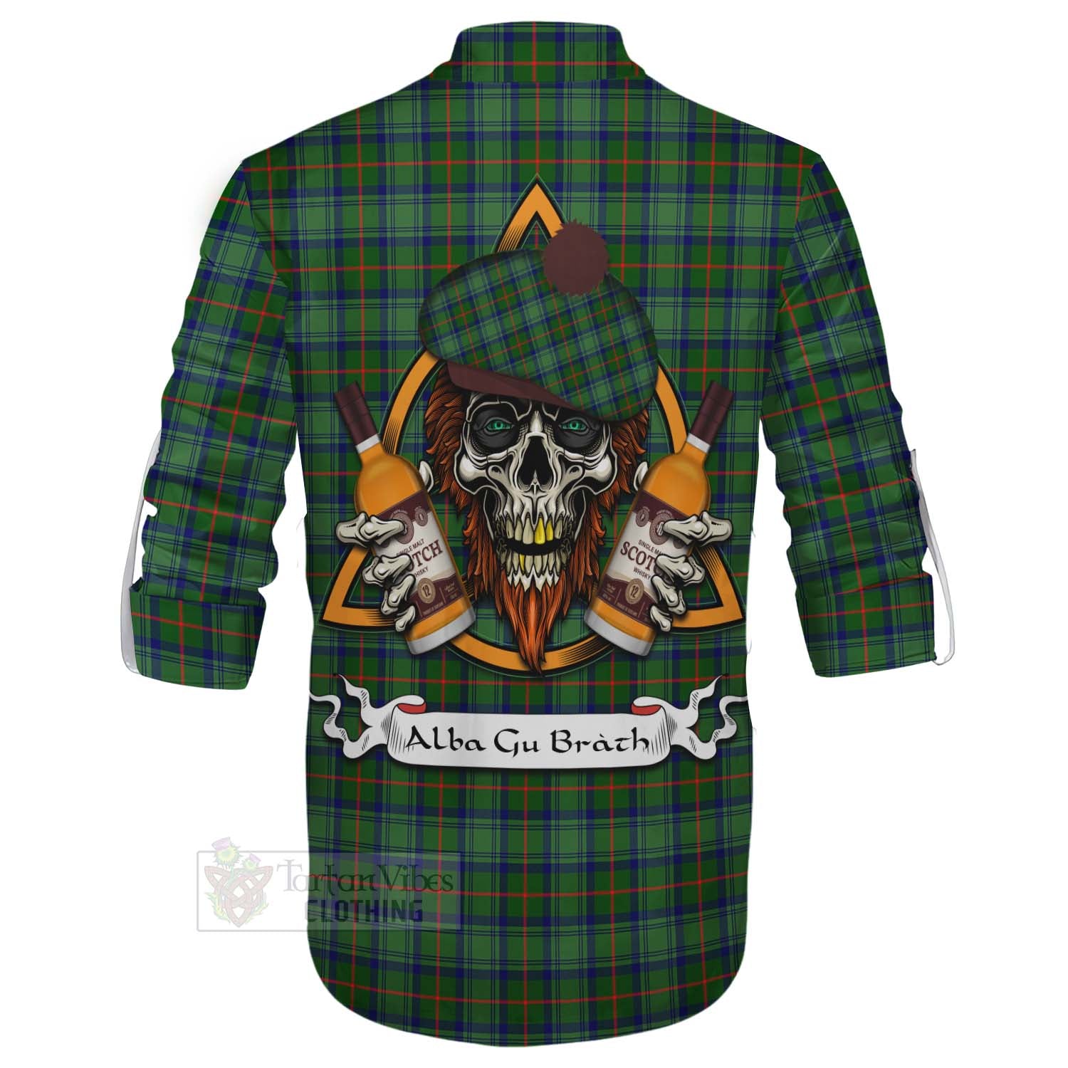 Tartan Vibes Clothing Cranstoun (Cranston) Tartan Ghillie Kilt Shirt with Family Crest and Bearded Skull Holding Bottles of Whiskey