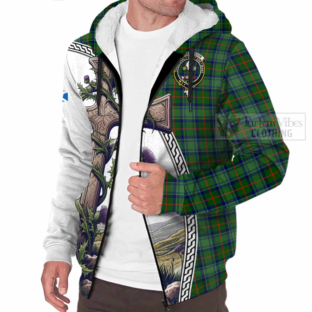 Tartan Vibes Clothing Cranstoun (Cranston) Tartan Sherpa Hoodie with Family Crest and St. Andrew's Cross Accented by Thistle Vines