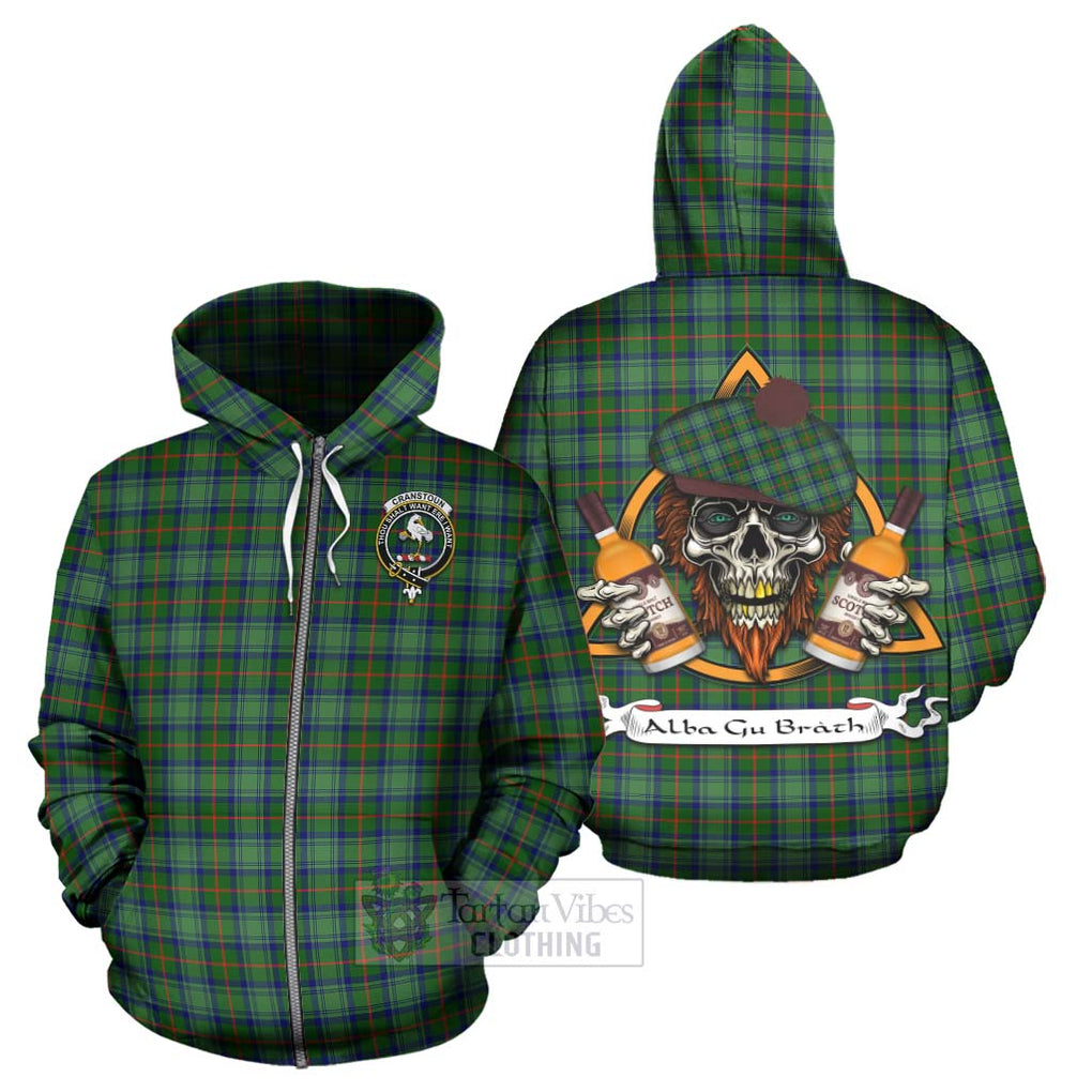 Tartan Vibes Clothing Cranstoun (Cranston) Tartan Hoodie with Family Crest and Bearded Skull Holding Bottles of Whiskey