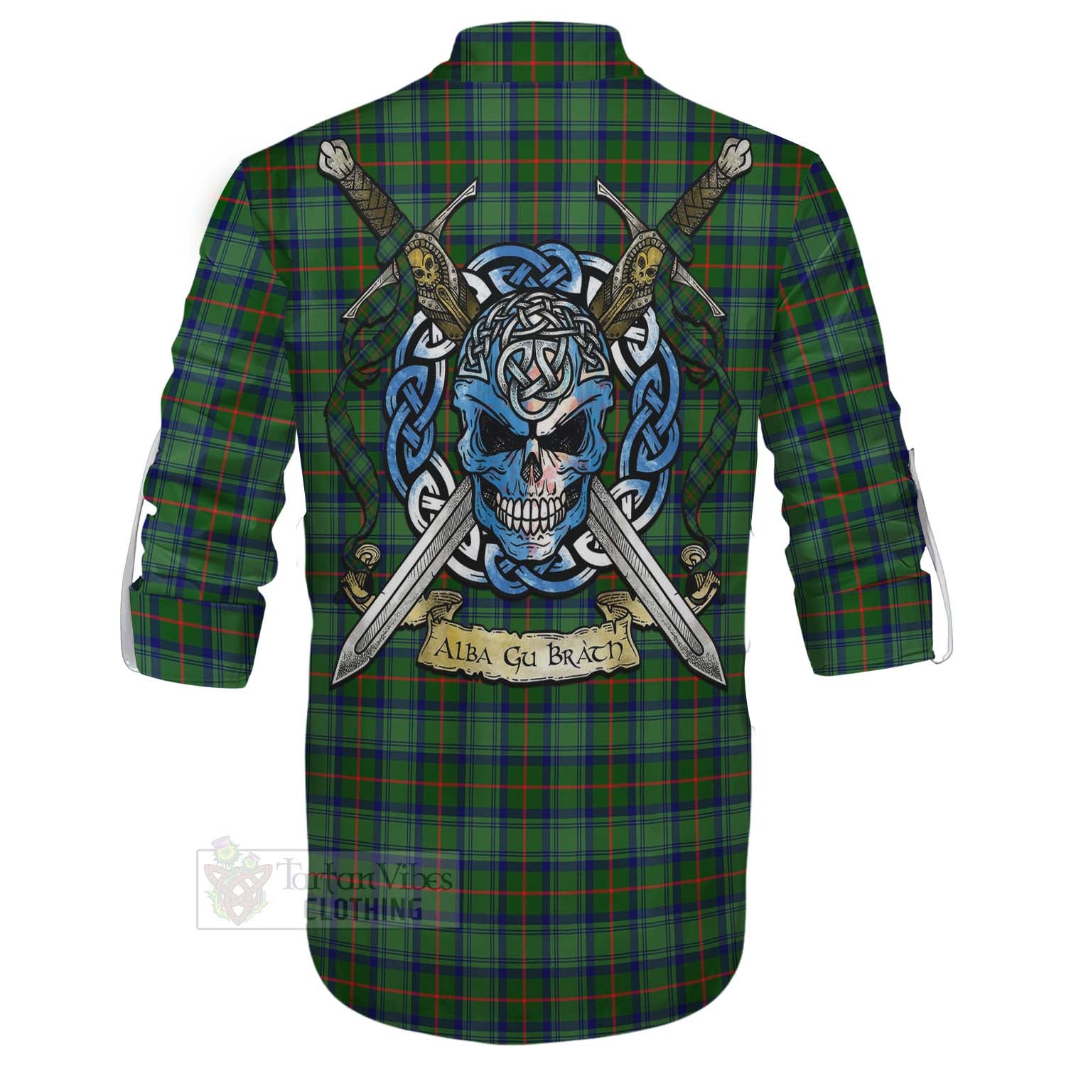 Tartan Vibes Clothing Cranstoun (Cranston) Tartan Ghillie Kilt Shirt with Family Crest Celtic Skull Style