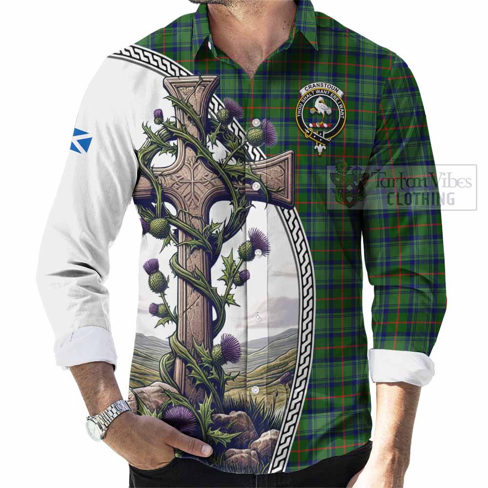 Tartan Vibes Clothing Cranstoun (Cranston) Tartan Long Sleeve Button Shirt with Family Crest and St. Andrew's Cross Accented by Thistle Vines