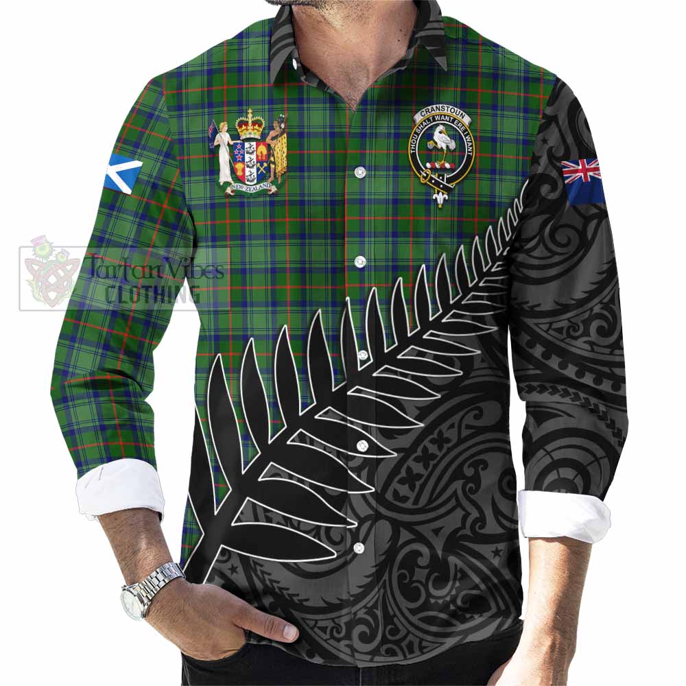 Tartan Vibes Clothing Cranstoun (Cranston) Crest Tartan Long Sleeve Button Shirt with New Zealand Silver Fern Half Style