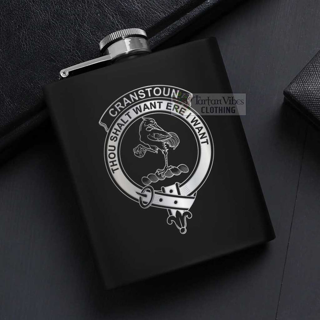 Tartan Vibes Clothing Cranstoun (Cranston) Crest Hip Flask Set 7oz Black Stainless Steel with A Gift Box