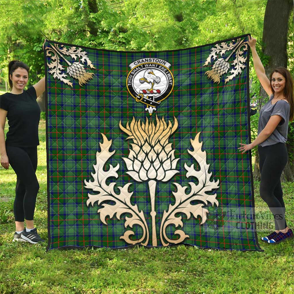 Tartan Vibes Clothing Cranstoun (Cranston) Tartan Quilt with Family Crest and Golden Thistle Style