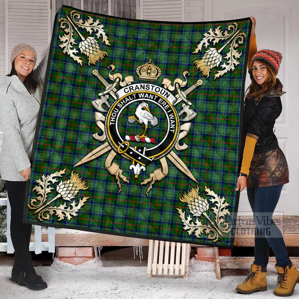 Tartan Vibes Clothing Cranstoun (Cranston) Tartan Quilt with Family Crest and Scottish Golden Courage Shield