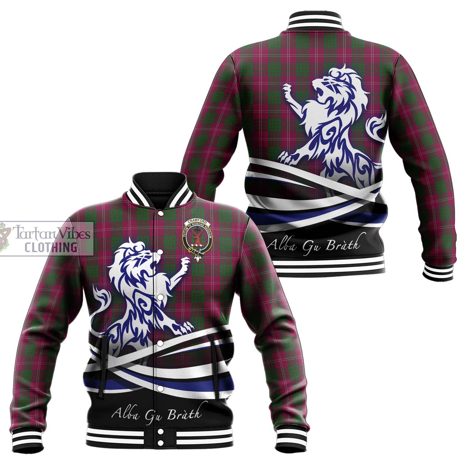 Tartan Vibes Clothing Crawford Tartan Baseball Jacket with Alba Gu Brath Regal Lion Emblem