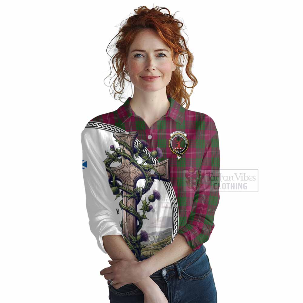 Tartan Vibes Clothing Crawford Tartan Women's Casual Shirt with Family Crest and St. Andrew's Cross Accented by Thistle Vines