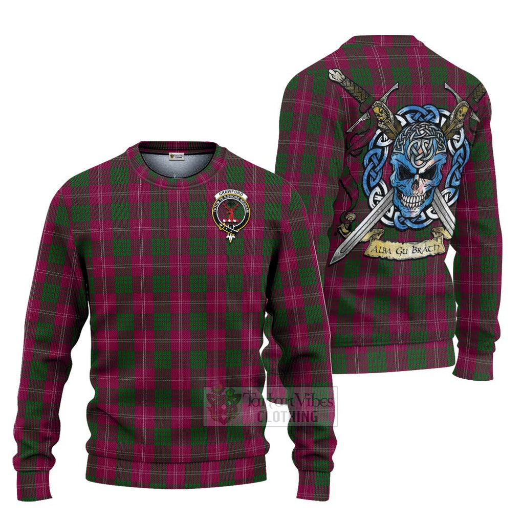 Tartan Vibes Clothing Crawford Tartan Knitted Sweater with Family Crest Celtic Skull Style