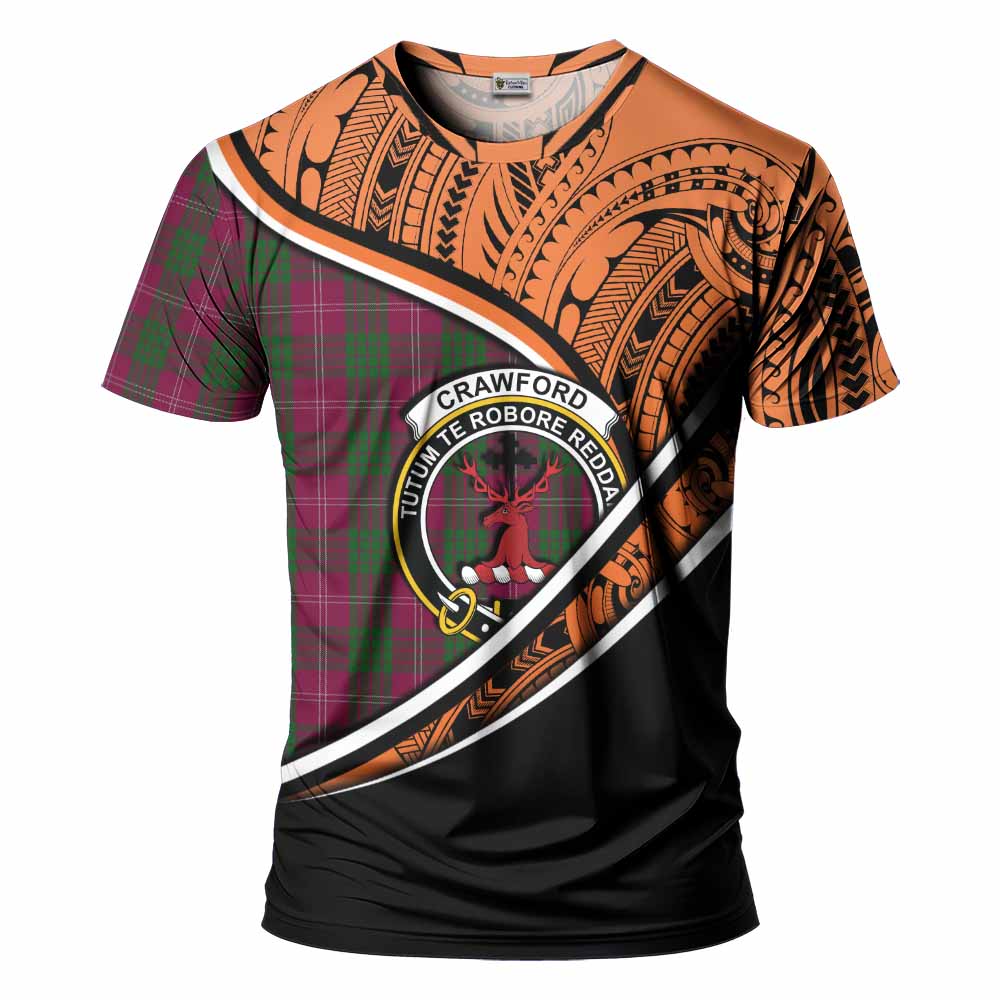 Tartan Vibes Clothing Crawford Crest Tartan T-Shirt with Maori Tattoo Style - Orange Version