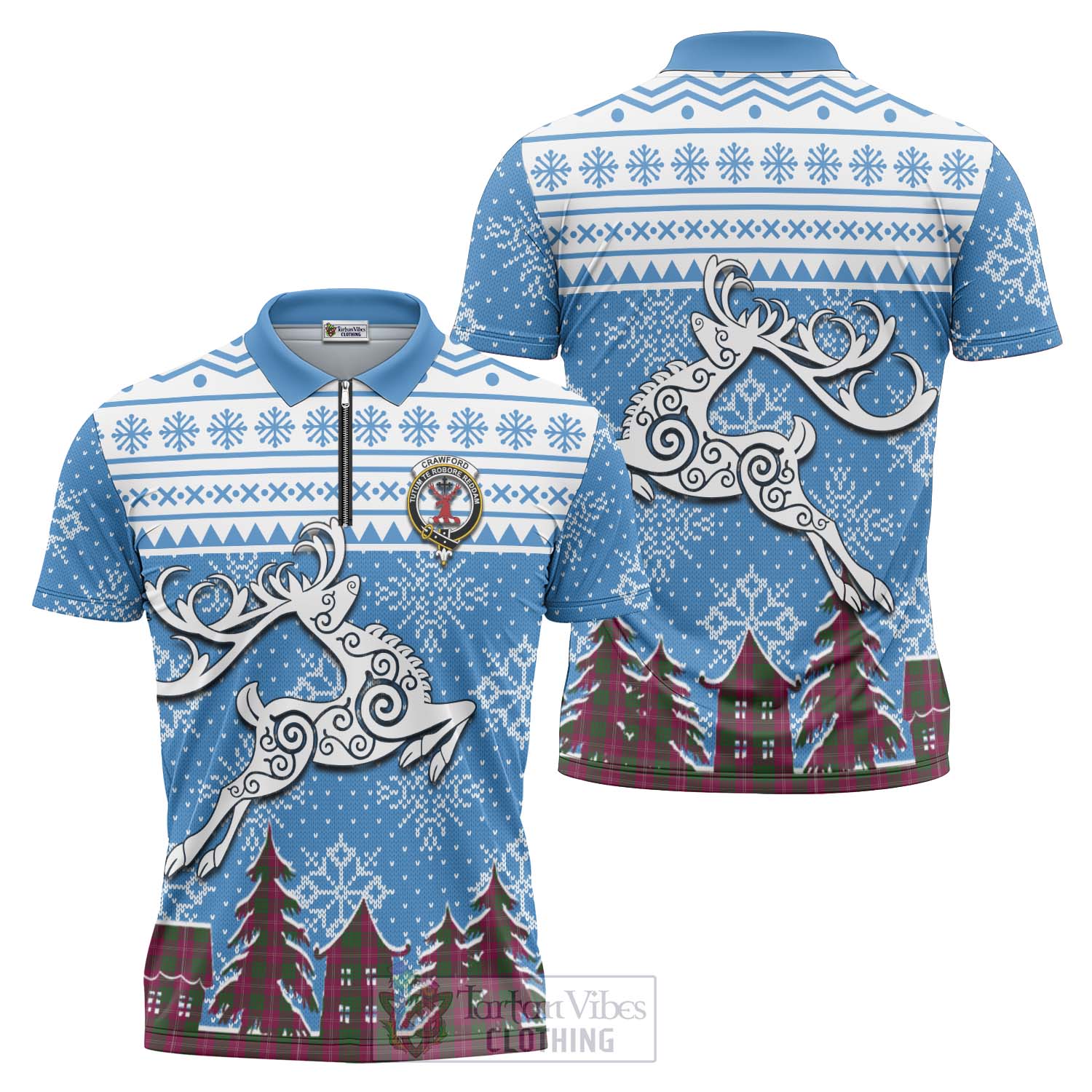 Tartan Vibes Clothing Crawford Clan Christmas Zipper Polo Shirt Celtic Reindeer Style