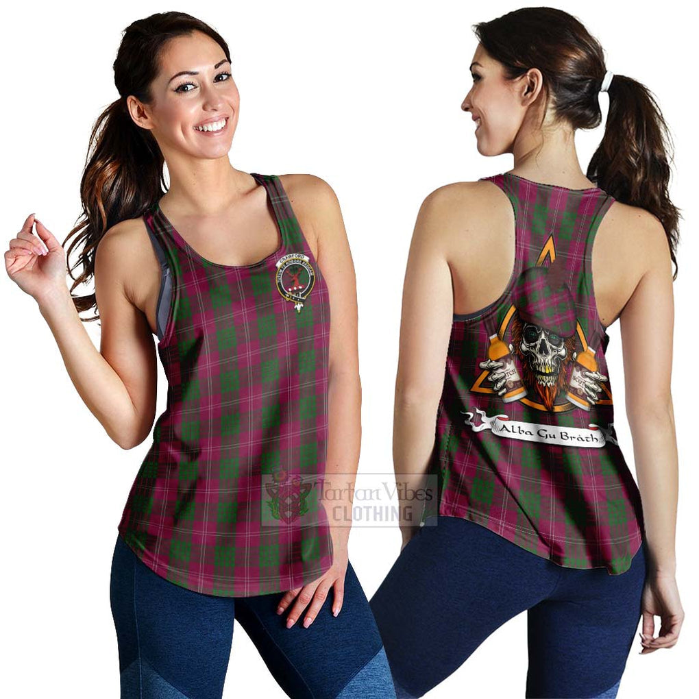 Tartan Vibes Clothing Crawford Tartan Women's Racerback Tanks with Family Crest and Bearded Skull Holding Bottles of Whiskey