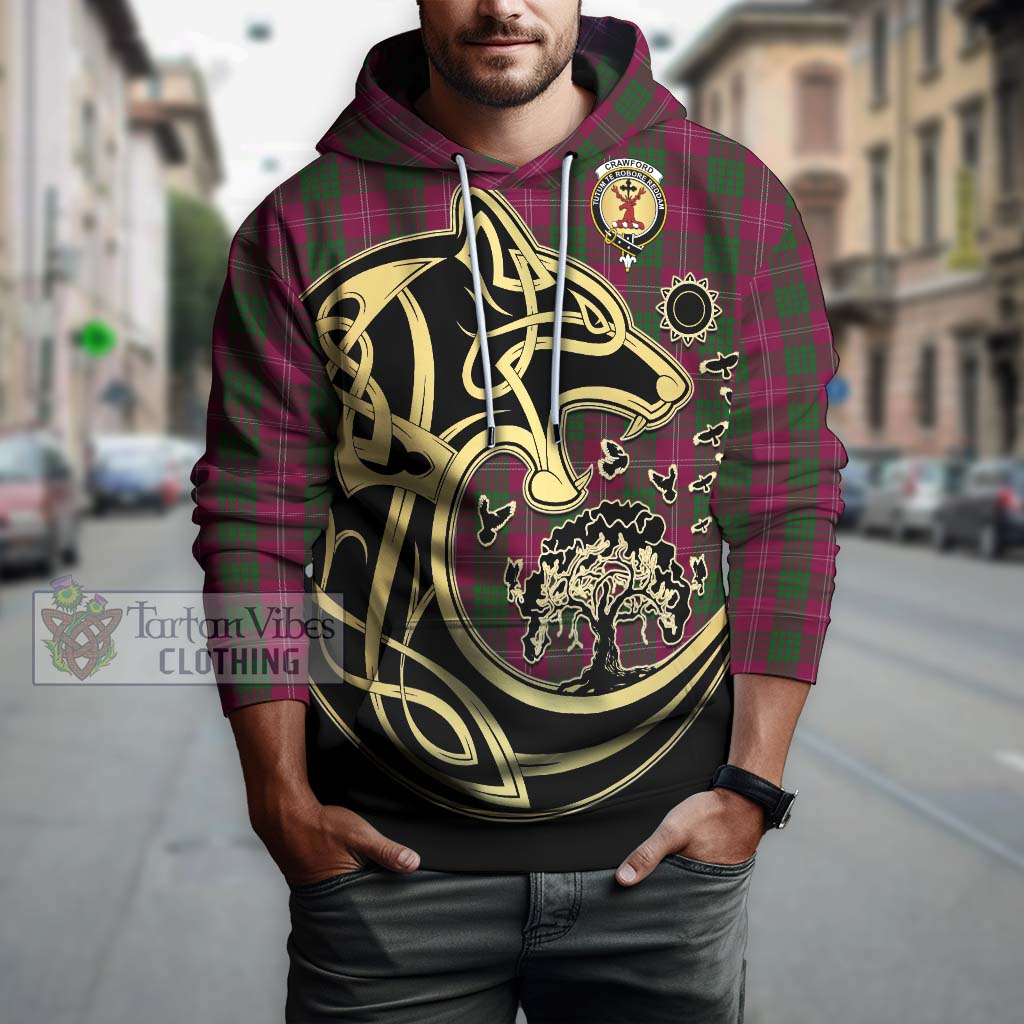 Tartan Vibes Clothing Crawford Tartan Hoodie with Family Crest Celtic Wolf Style
