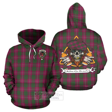 Crawford Tartan Hoodie with Family Crest and Bearded Skull Holding Bottles of Whiskey