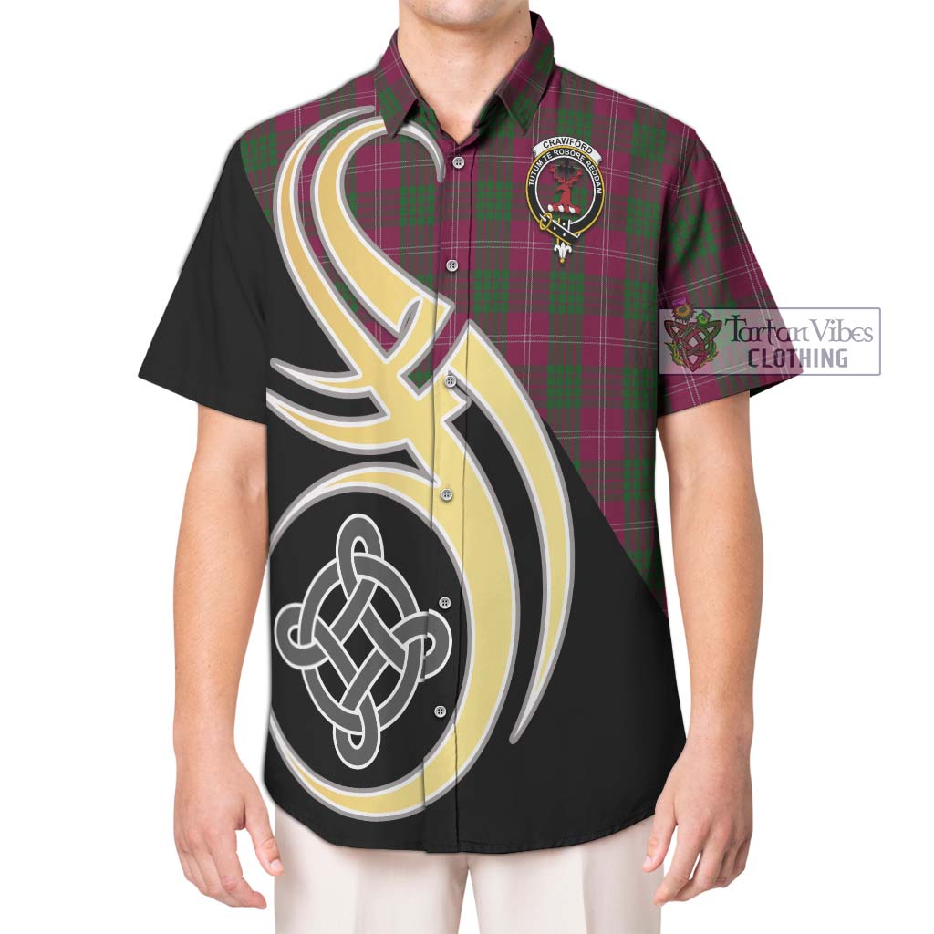 Tartan Vibes Clothing Crawford Tartan Short Sleeve Button Shirt with Family Crest and Celtic Symbol Style