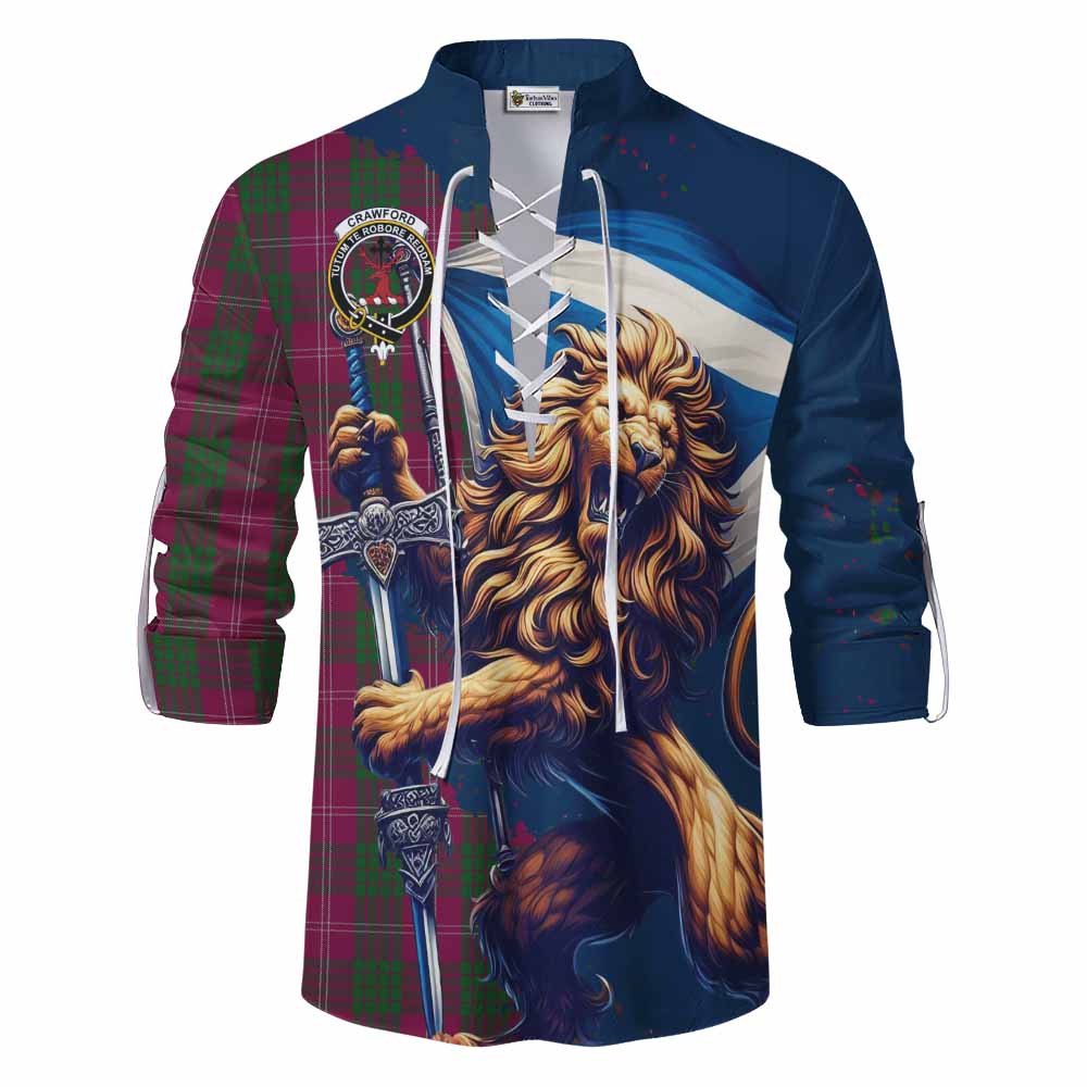 Tartan Vibes Clothing Crawford Tartan Family Crest Ghillie Kilt Shirt with Scottish Majestic Lion