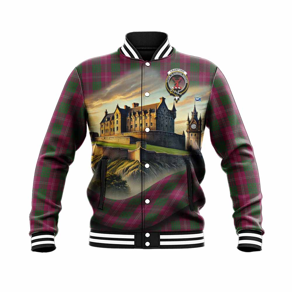 Crawford Tartan Family Crest Baseball Jacket with Scottish Ancient Castle Style Unisex - Tartan Vibes Clothing