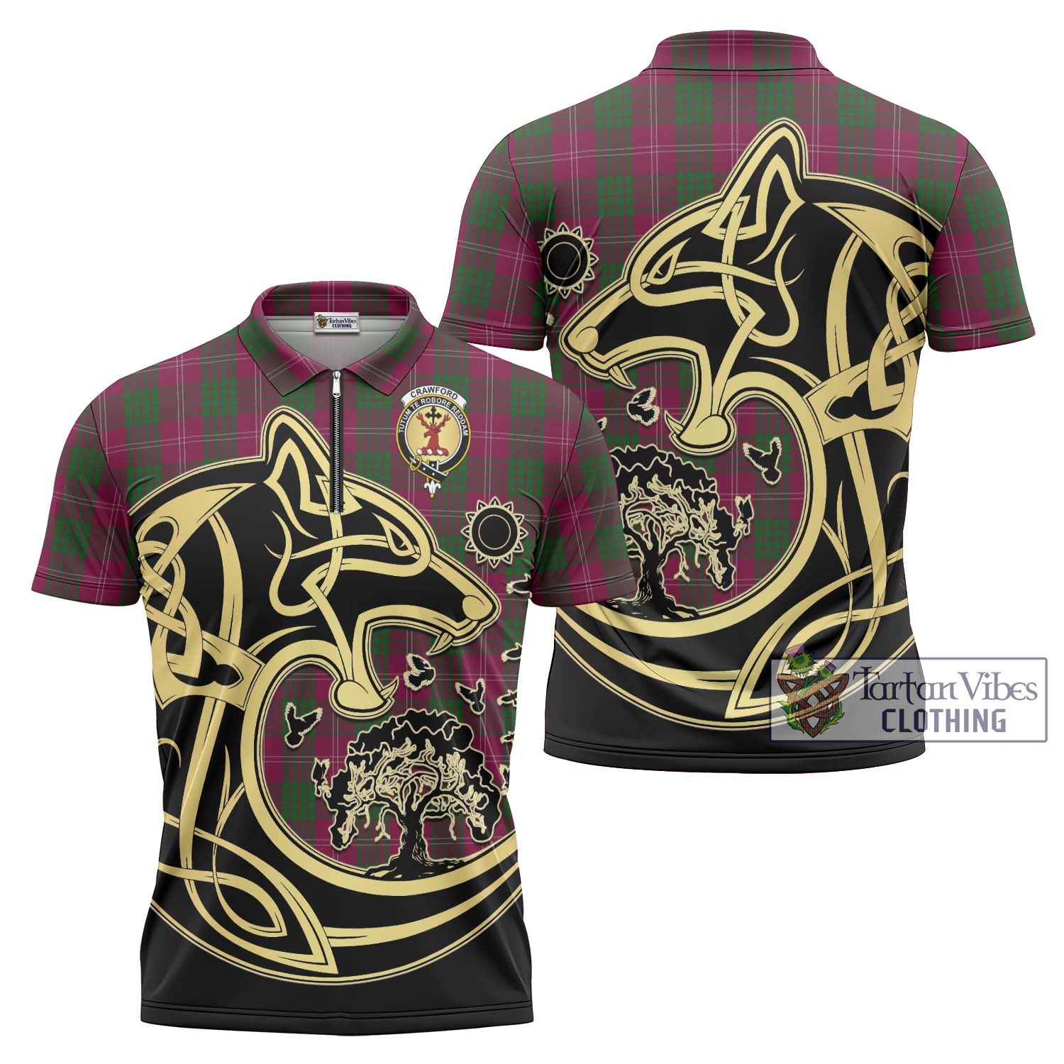 Tartan Vibes Clothing Crawford Tartan Zipper Polo Shirt with Family Crest Celtic Wolf Style