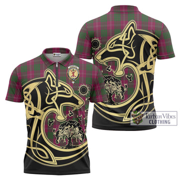 Crawford Tartan Zipper Polo Shirt with Family Crest Celtic Wolf Style