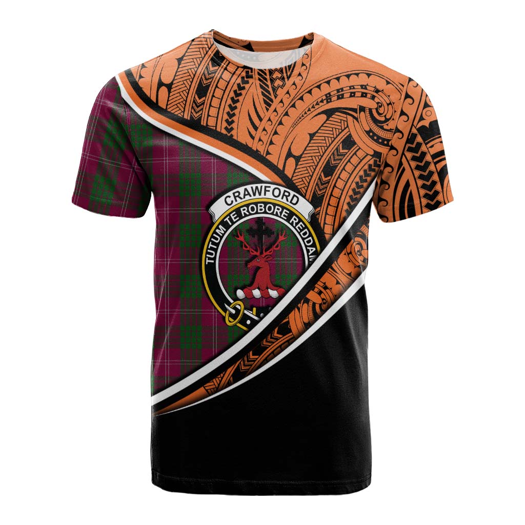 Tartan Vibes Clothing Crawford Crest Tartan Cotton T-shirt with Maori Tattoo Style - Orange Version