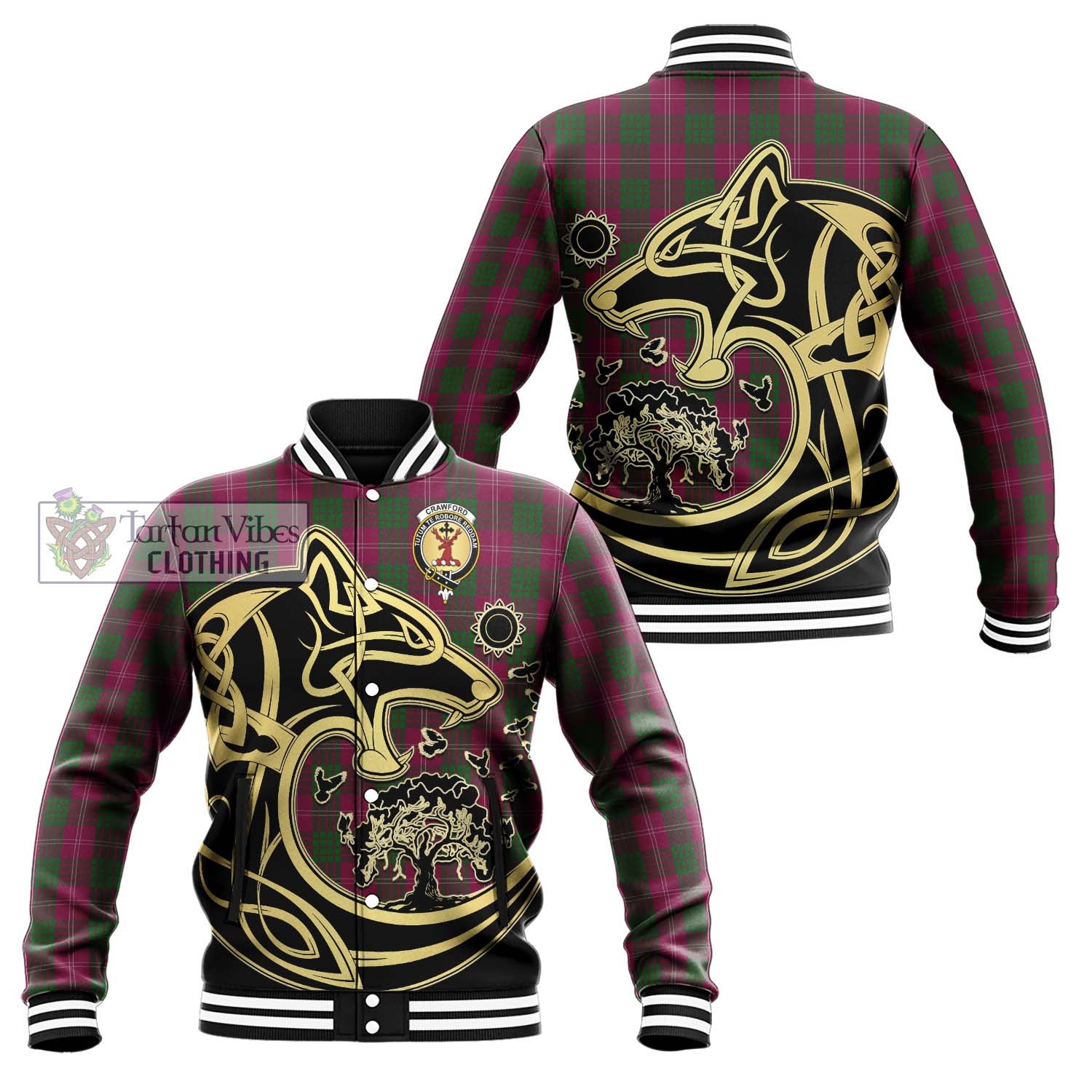 Tartan Vibes Clothing Crawford Tartan Baseball Jacket with Family Crest Celtic Wolf Style