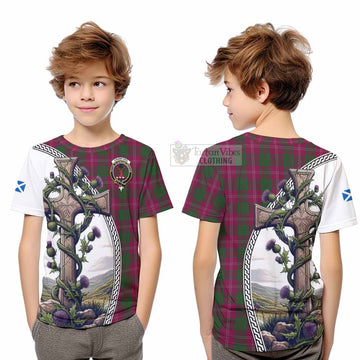 Crawford Tartan Kid T-Shirt with Family Crest and St. Andrew's Cross Accented by Thistle Vines