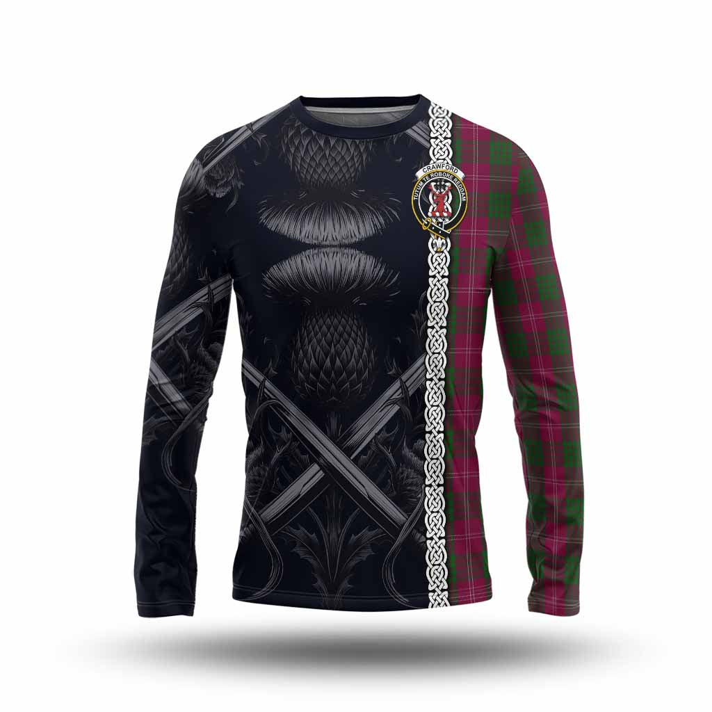 Tartan Vibes Clothing Crawford Tartan Long Sleeve T-Shirt with Family Crest Cross Sword Thistle Celtic Vibes