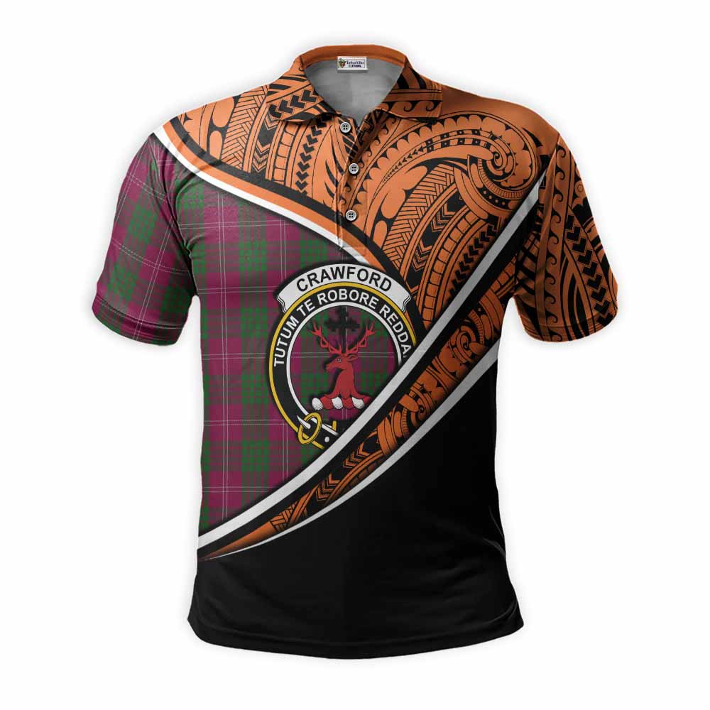 Tartan Vibes Clothing Crawford Crest Tartan Polo Shirt with Maori Tattoo Style - Orange Version