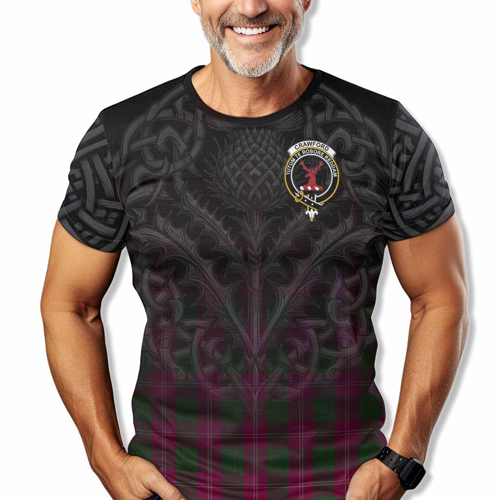 Tartan Vibes Clothing Crawford Tartan T-Shirt with Family Crest Celtic Thistle Vibes